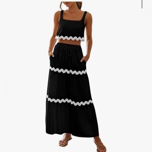 Wavy Trim Black Top and Maxi Skirt Set